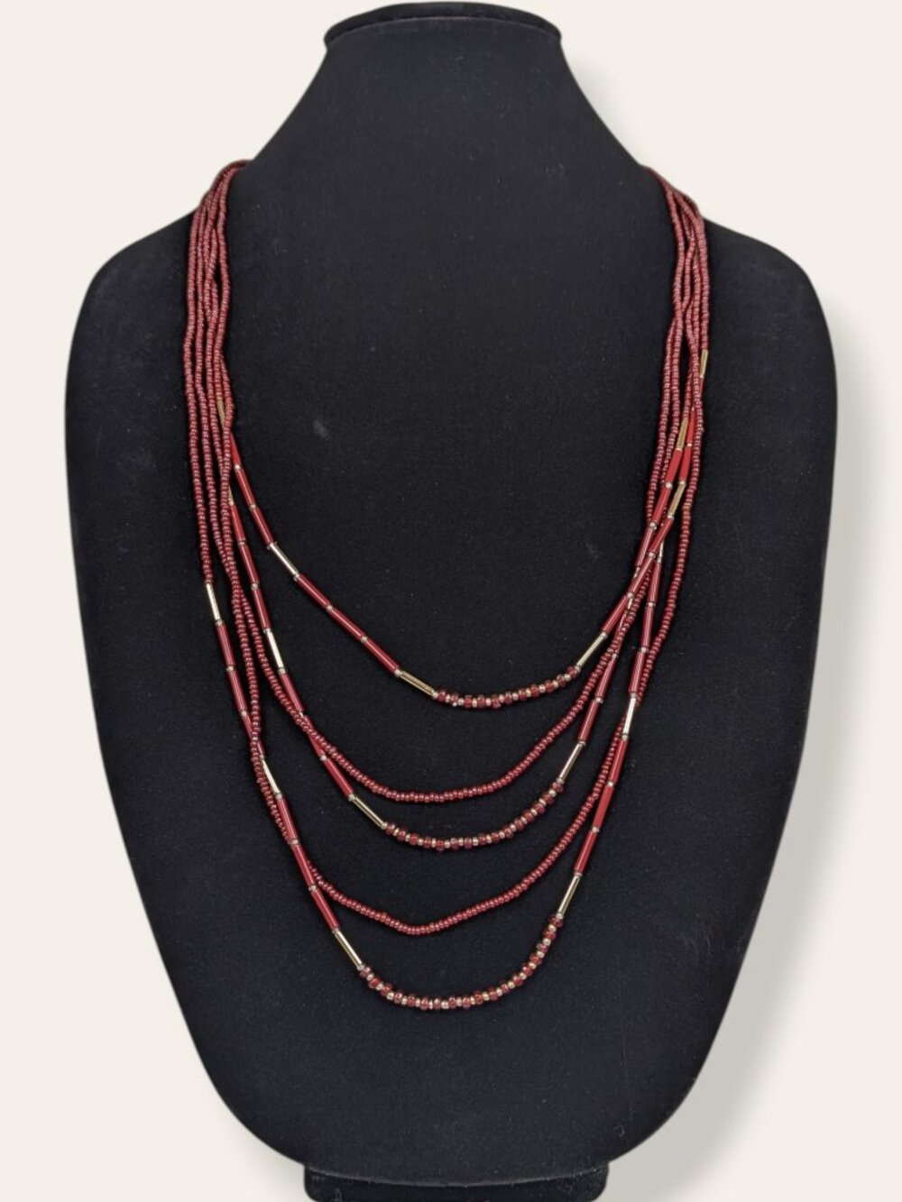 5-Strand Red & Gold Beaded Necklace
